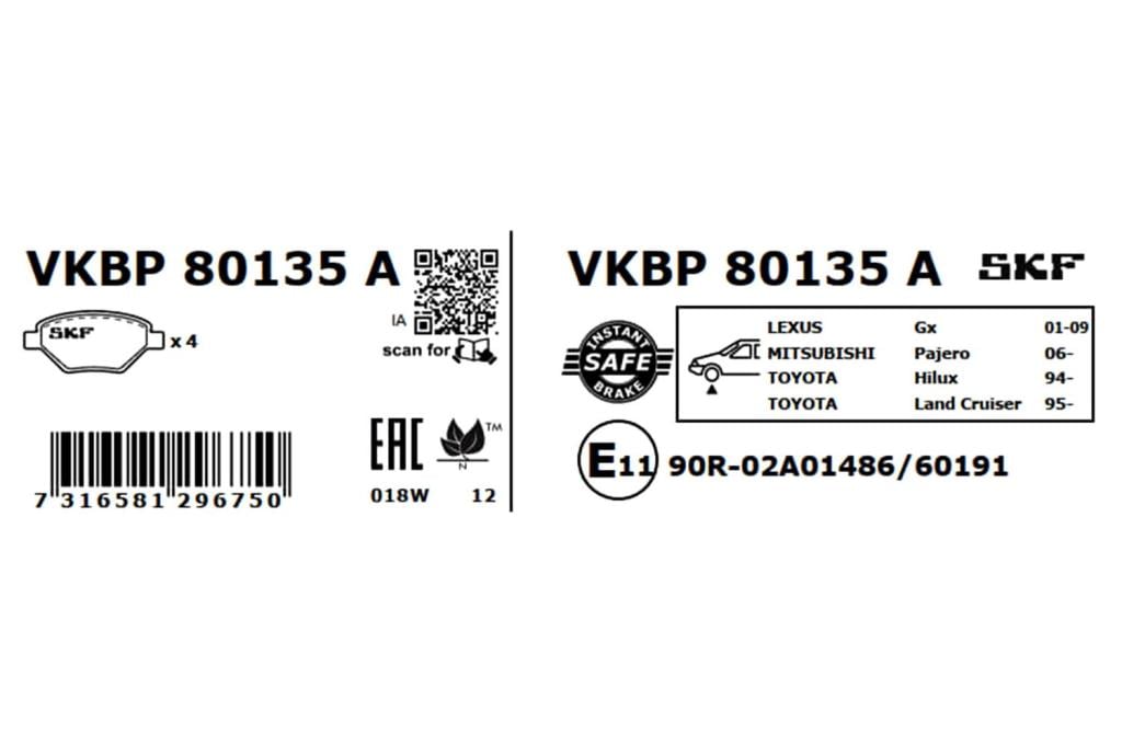 Jeu de 4 plaquettes de frein SKF ref. VKBP 80135 A